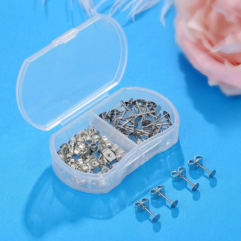 Formulen 100pcs Hypoallergenic Stainless Steel Earrings Posts Flat Pad Blank Earring Pin Studs with Butterfly Earring Backs for Jewelry Making Findings (4mm) - Image 3